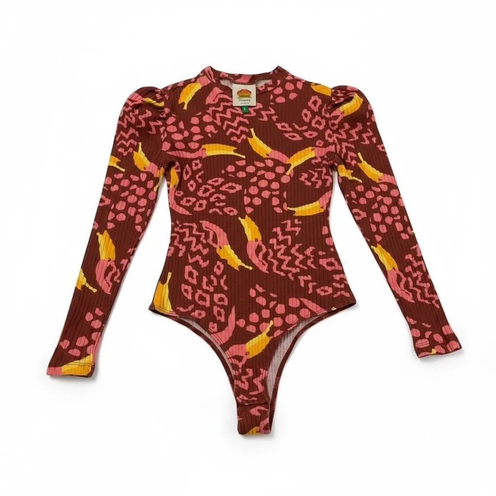 Farm Rio Toucanissimo Long Sleeve Stretch Cotton Bodysuit Size S Burgundy - Image 2