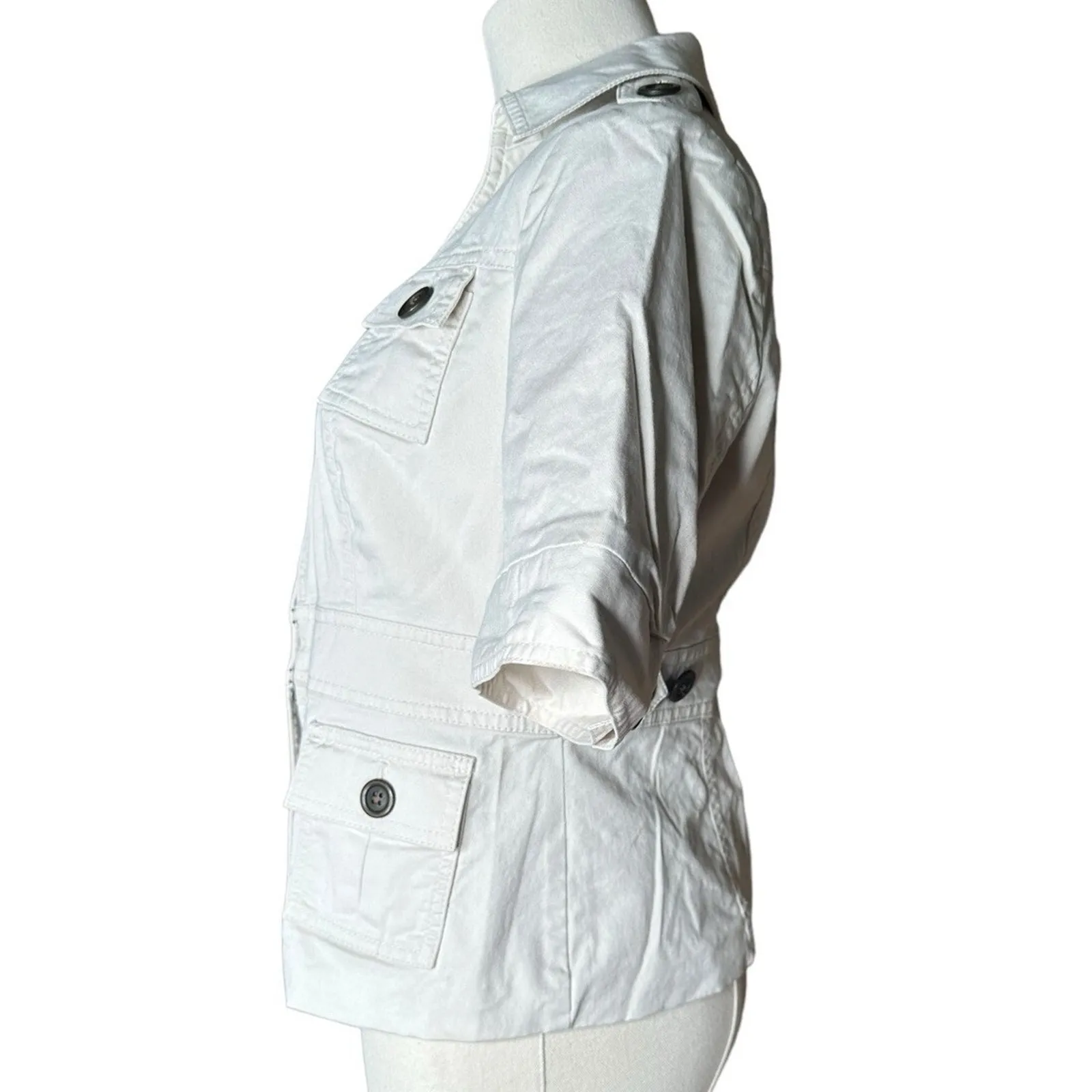 London Jean Chino Light Khaki Beige Short Sleeve Safari Jacket Y2K V Neckline S Tan - Image 4