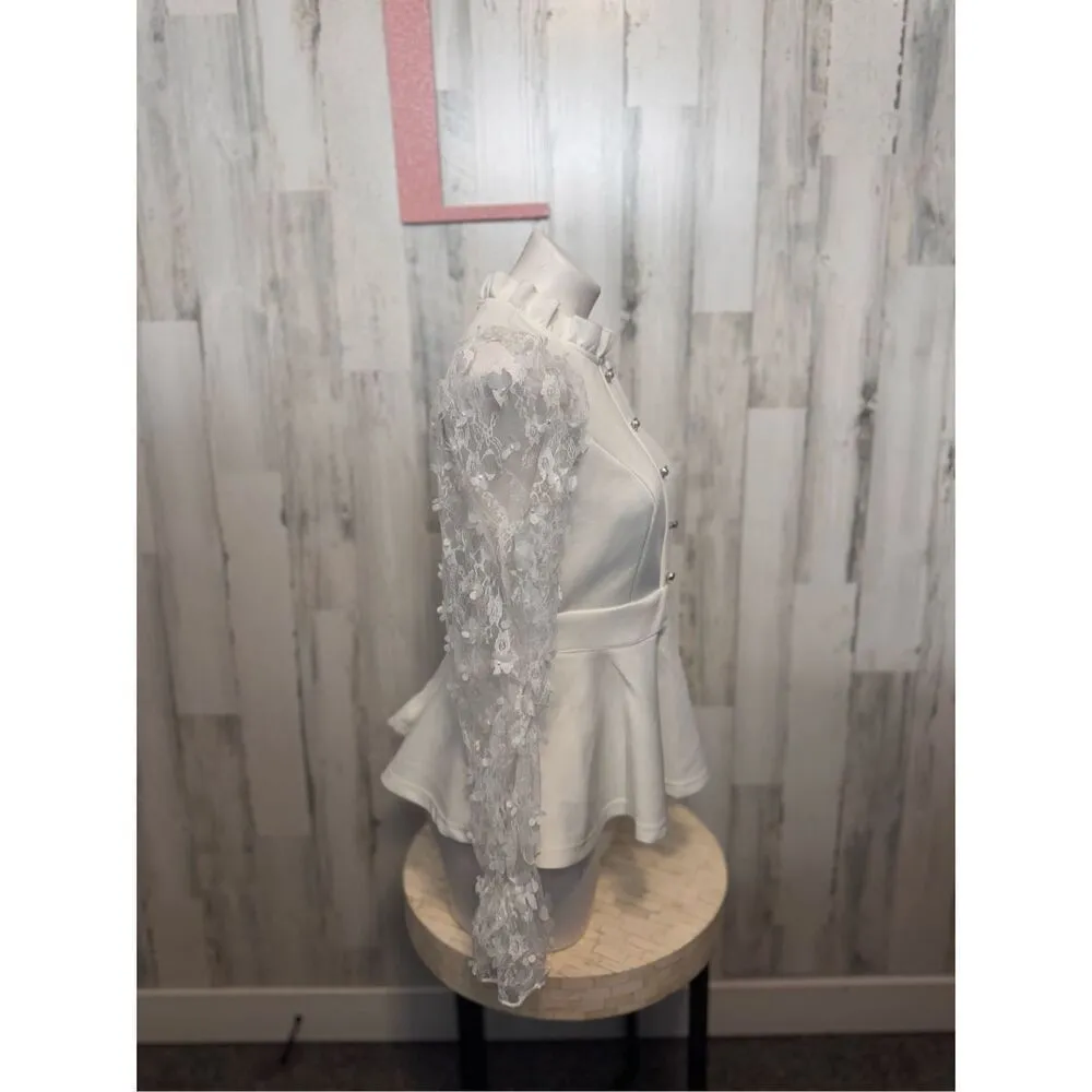 Womens Tops Floral Applique Ruffle Hem Frill Trim Top White Size L - Image 3