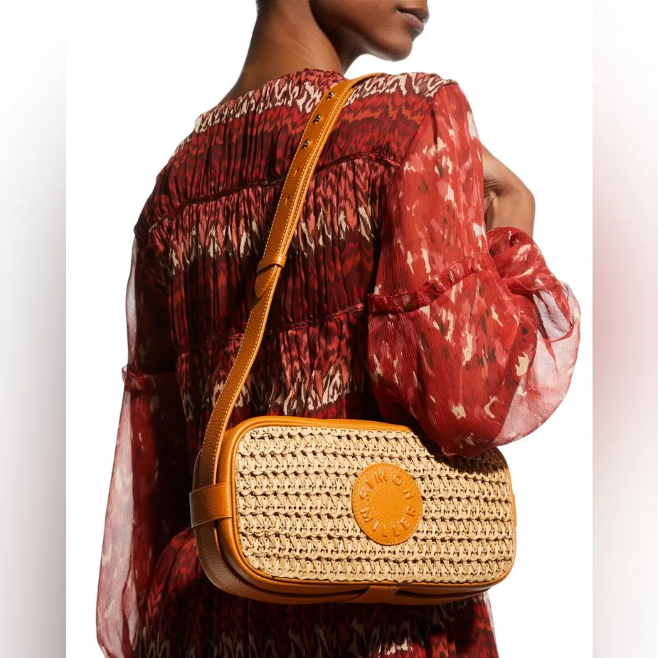 Simon Miller Sling Straw & Leather Camera Crossbody Bag Tan - Image 2