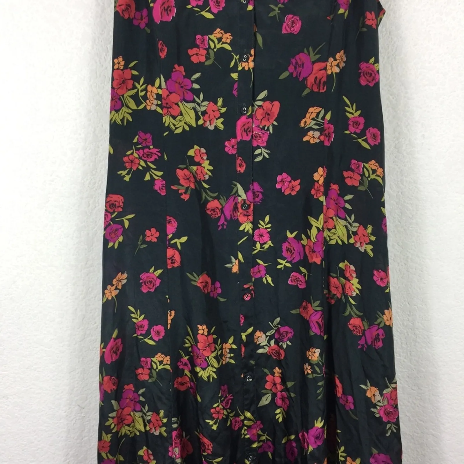 Johnny Was Maxi Dress Small Black Floral 100% Silk Button Ruffle Hem Slip Boho - Image 8