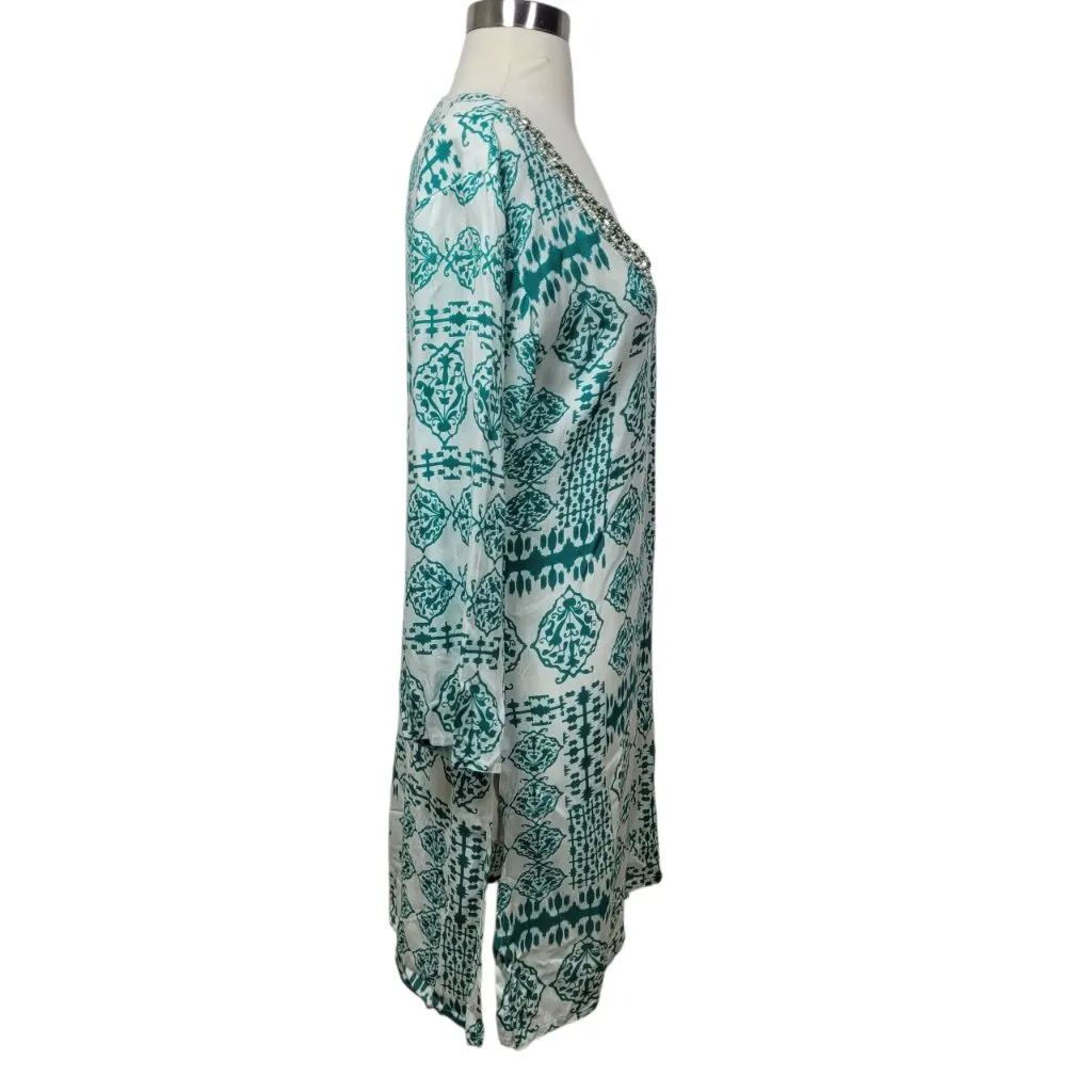 Ace Fashion White Green Beaded V Neck Tunic Cover Up Dress S Boho Resort Wear - Image 3