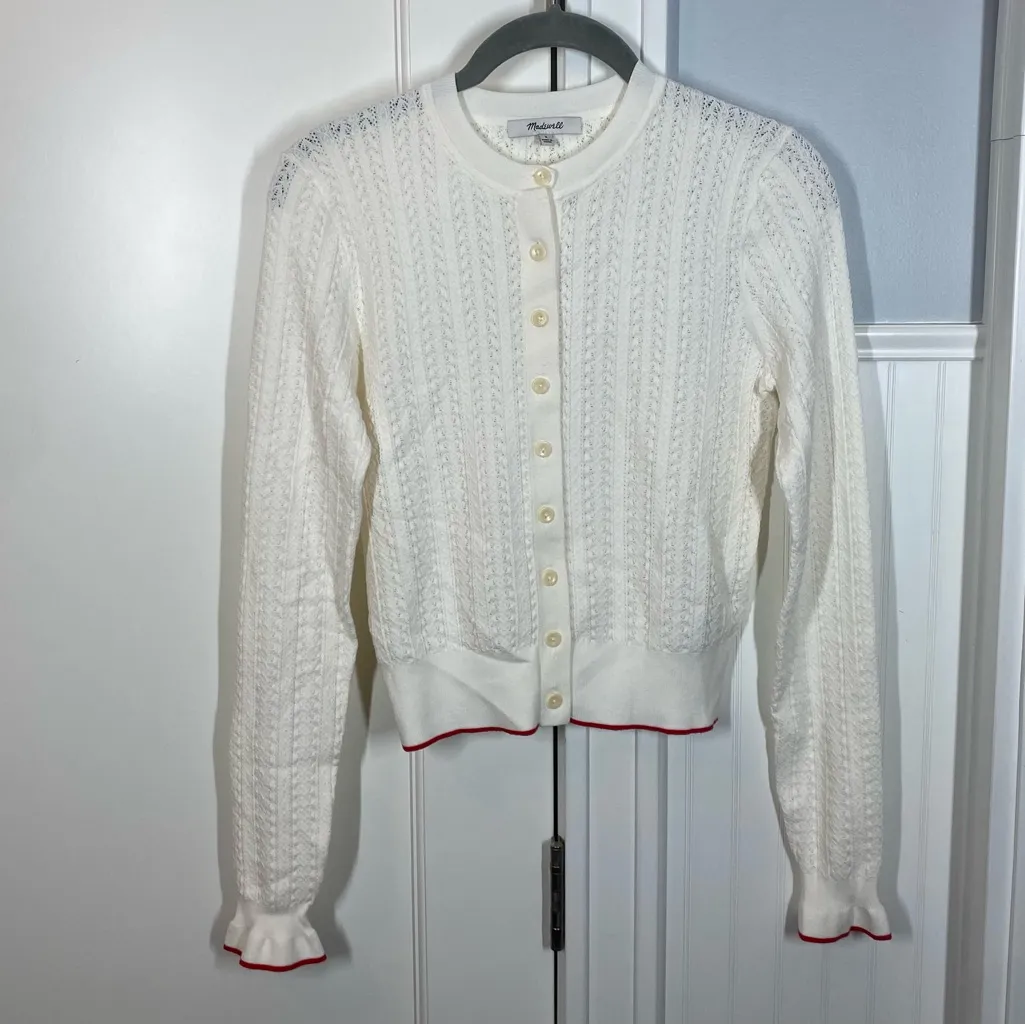 Madewell Cream Signature‎ Open-Knit Cardigan Ruffle Hem NWT Casual Lightweight - Image 2