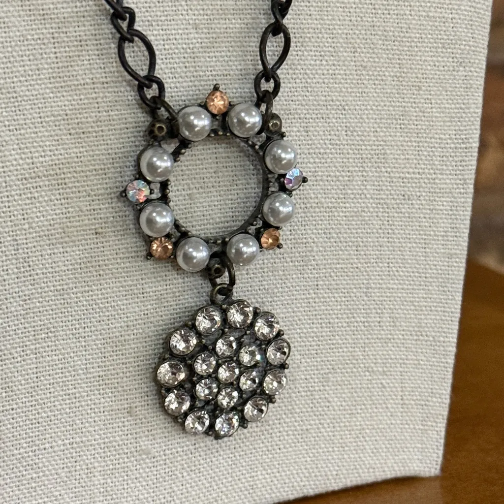 Plunder long faux pear and rhinestone circle geometric pendant necklace White - Image 2