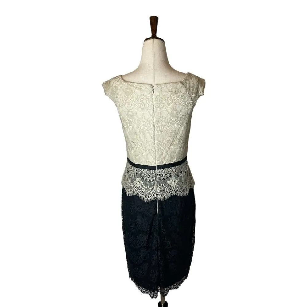 Maggy London Ivory And Black Lace Overlay Cap Sleeve Sheath Peplum‎ Dress Size 6 - Image 2