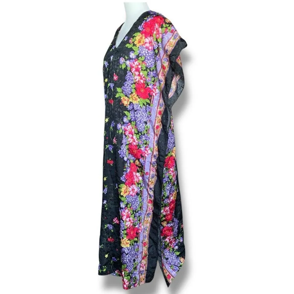 Vintage Santé Maxi Dress Black Baby Pink Dark Floral Caftan Butterfly Sleeve - Image 5