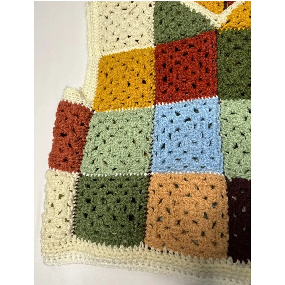 Vintage OOAK Handmade Crocheted Patchwork Hippie crop Vest Multicolor medium Brown - Image 5