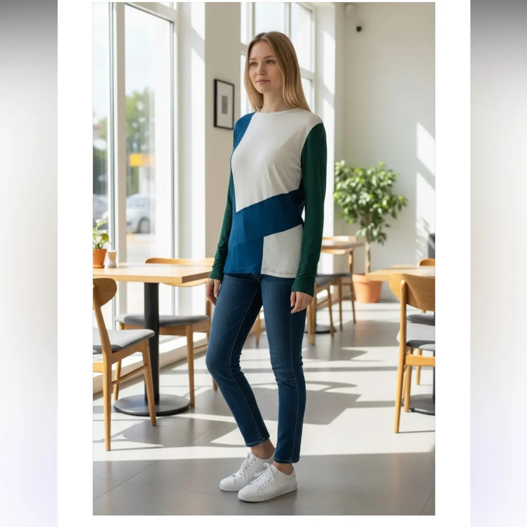 St. John Silk Colorblock Long Sleeve Crewneck Tee Shirt Small - Image 9