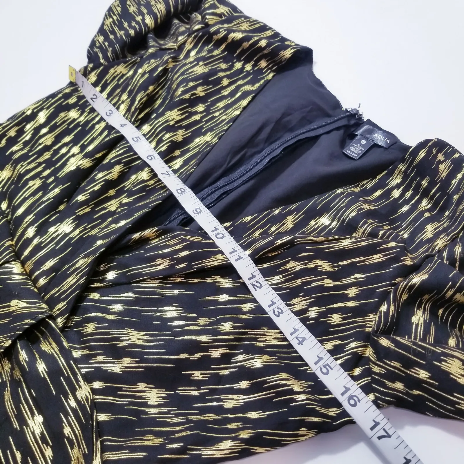 Aqua Black & Gold Metallic Jacquard Mini Dress Puff Sleeves V-Neck Long Sleeves - Image 5