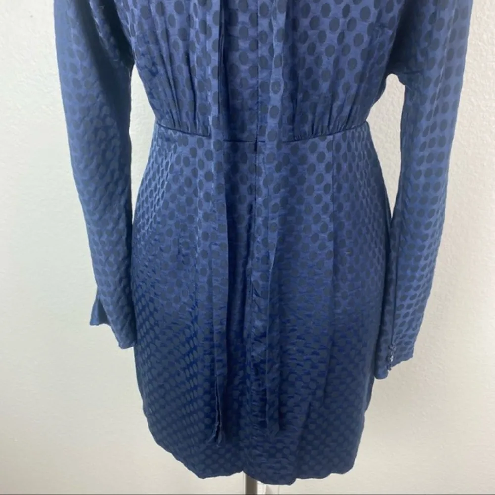 Zara Mini Dress S Satin High Mock Neck Tie Polka Dot Long Sleeve Navy Blue Black - Image 9