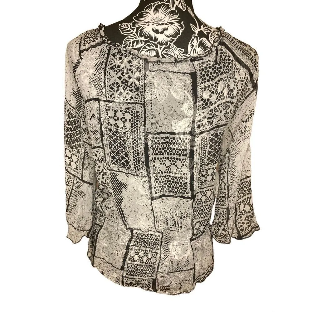 Python Snake Print Blouse Tie Closure Formal Bell Sleeve Black Size M - Image 2