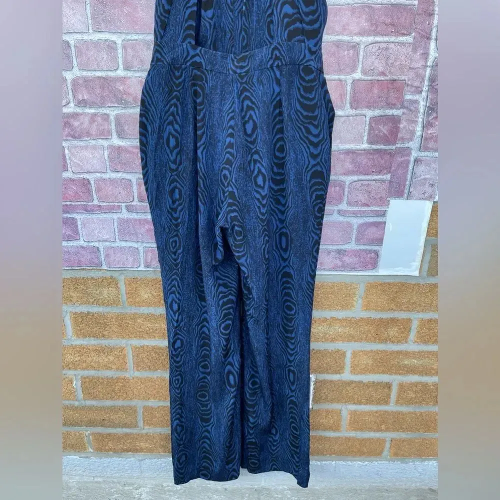 Diane von Furstenberg Blue Black Wood Grain Print Silk Jumpsuit Sz 4 - Image 12