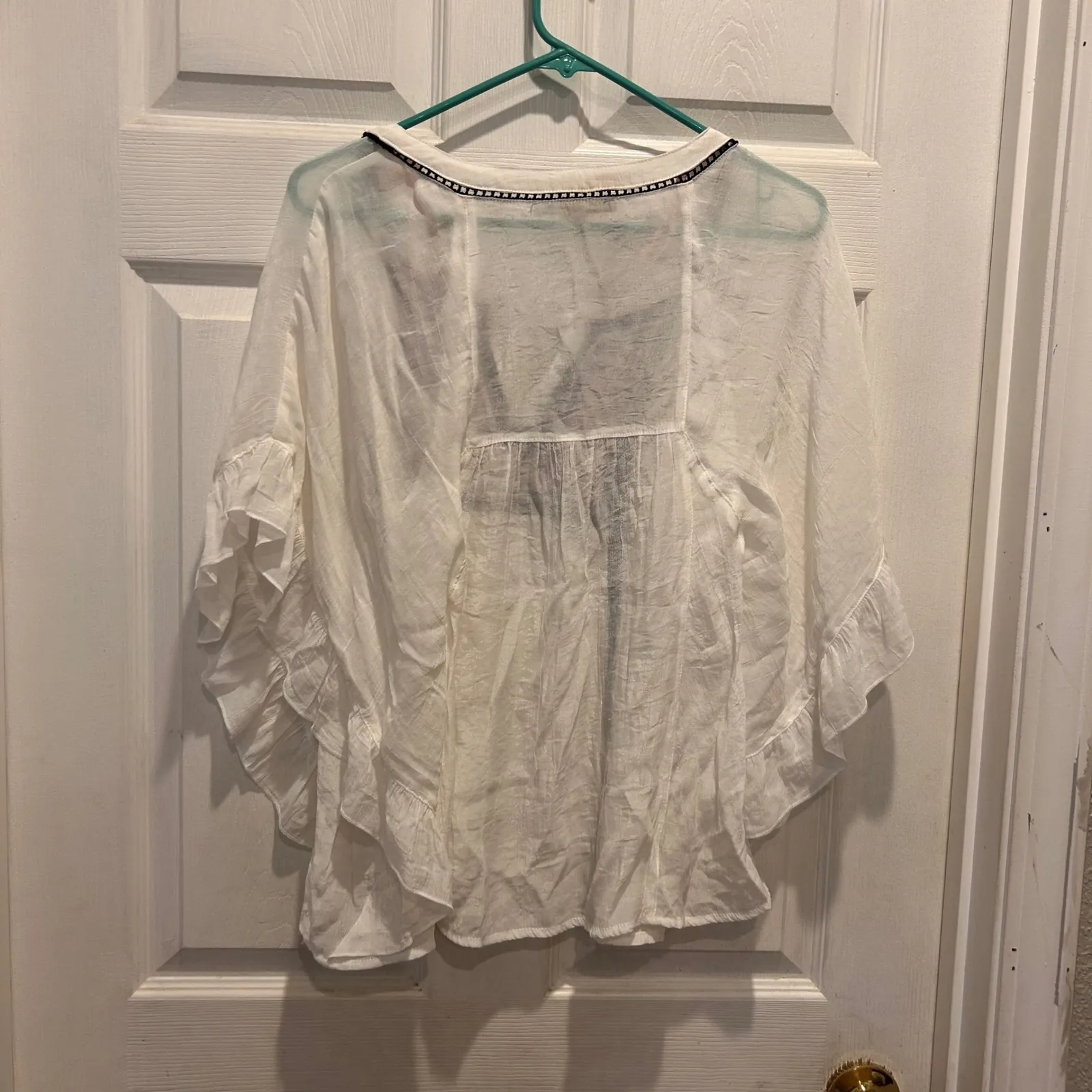Forever‎ 21 White Embroidered Top Flowy Ruffle Sleeve Boho Blouse Large Fairy - Image 6