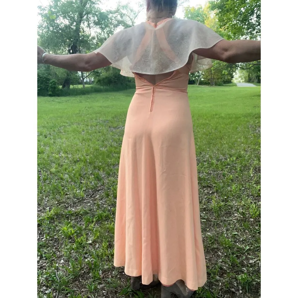 Vintage 70s Peach Crepe Maxi Gown Dress with Sheer Cape Flutter Sleeves SMALL - Image 4