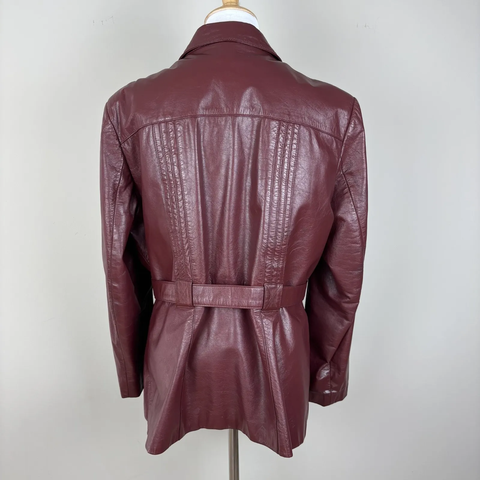 VTG Berman's Leather Jacket Womens 18 Maroon Red Belted Button Up Fleece Lined - Image 5