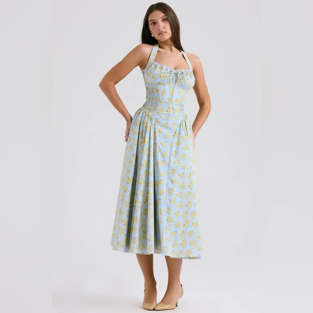 House of CB Adabella Floral Pleated Halter Sundress‎ in Light Blue NWOT size L - Image 3