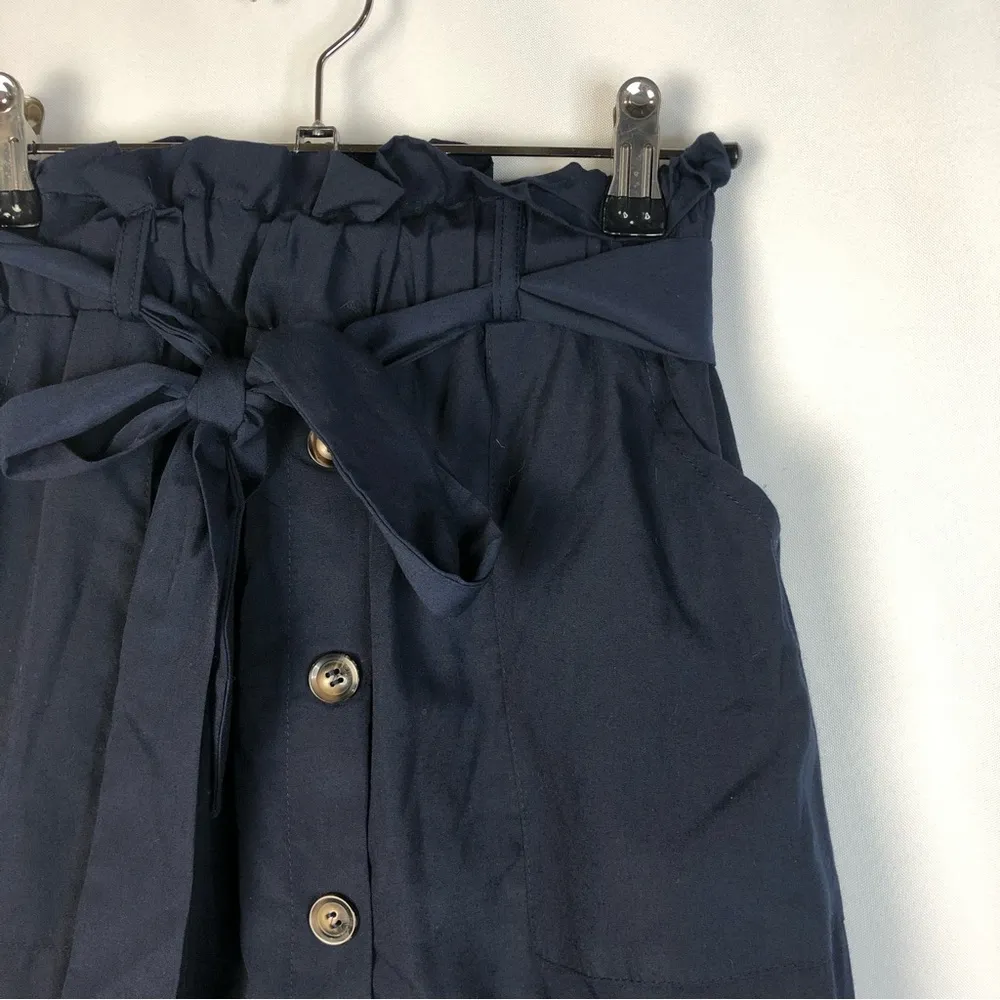 Boutique Navy Blue High Waist Button Front A-Line Midi Skirt XS - Image 3