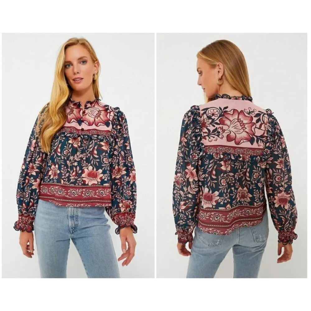 💕FARM RIO💕 Teal Ainika Charm Long Sleeve Blouse Tropical Floral Print XXS NWT - Image 11