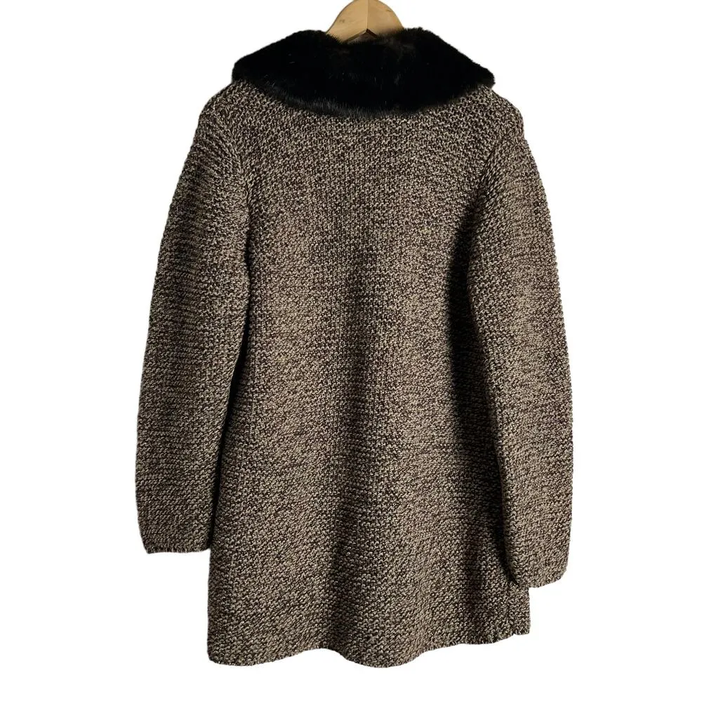 Dana Buchman Brown Chunky Knit Faux Fur Collar Cardigan Jacket L - Image 7