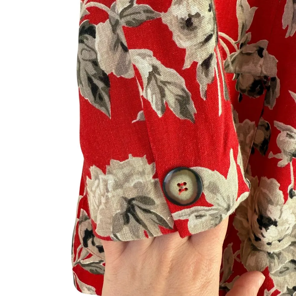 Vintage 80s Attaché by Herman Geist Linen Red Floral Blazer Jacket, Size 8 - Image 12