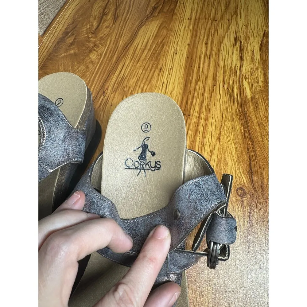 Corkys Hipster Wedge Sandal Women 9 Braided Thong Brushed Bronze Metallic Shoe Brown - Image 9