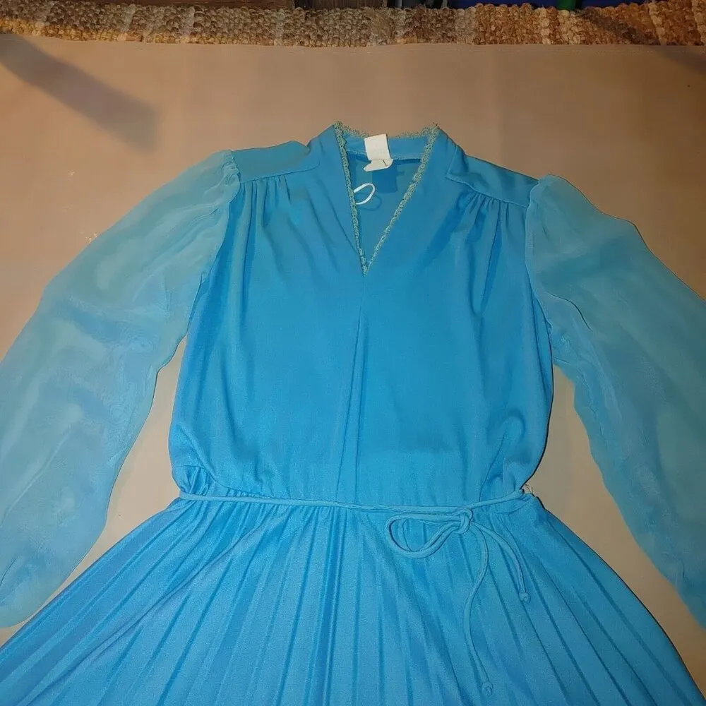 Women's Blue Midi 60 Sheer Polyester Long Sleeve Zig Zag V Neck Dress Vintage Size M - Image 3