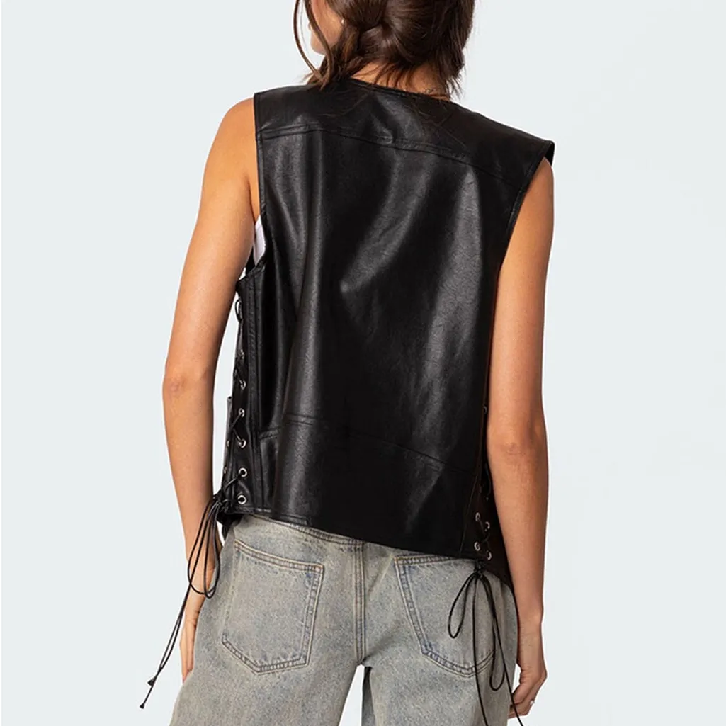 Edikted Vegan Black Leather Side Lace Up Biker Vest Size Medium - Image 3