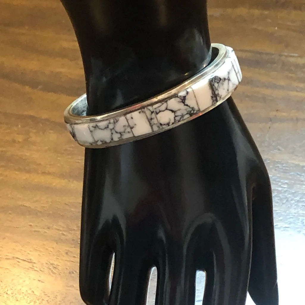 WHITE BUFFALO Sterling Silver Mosaic Inlay Navajo Native American Tapered Cuff - Image 4