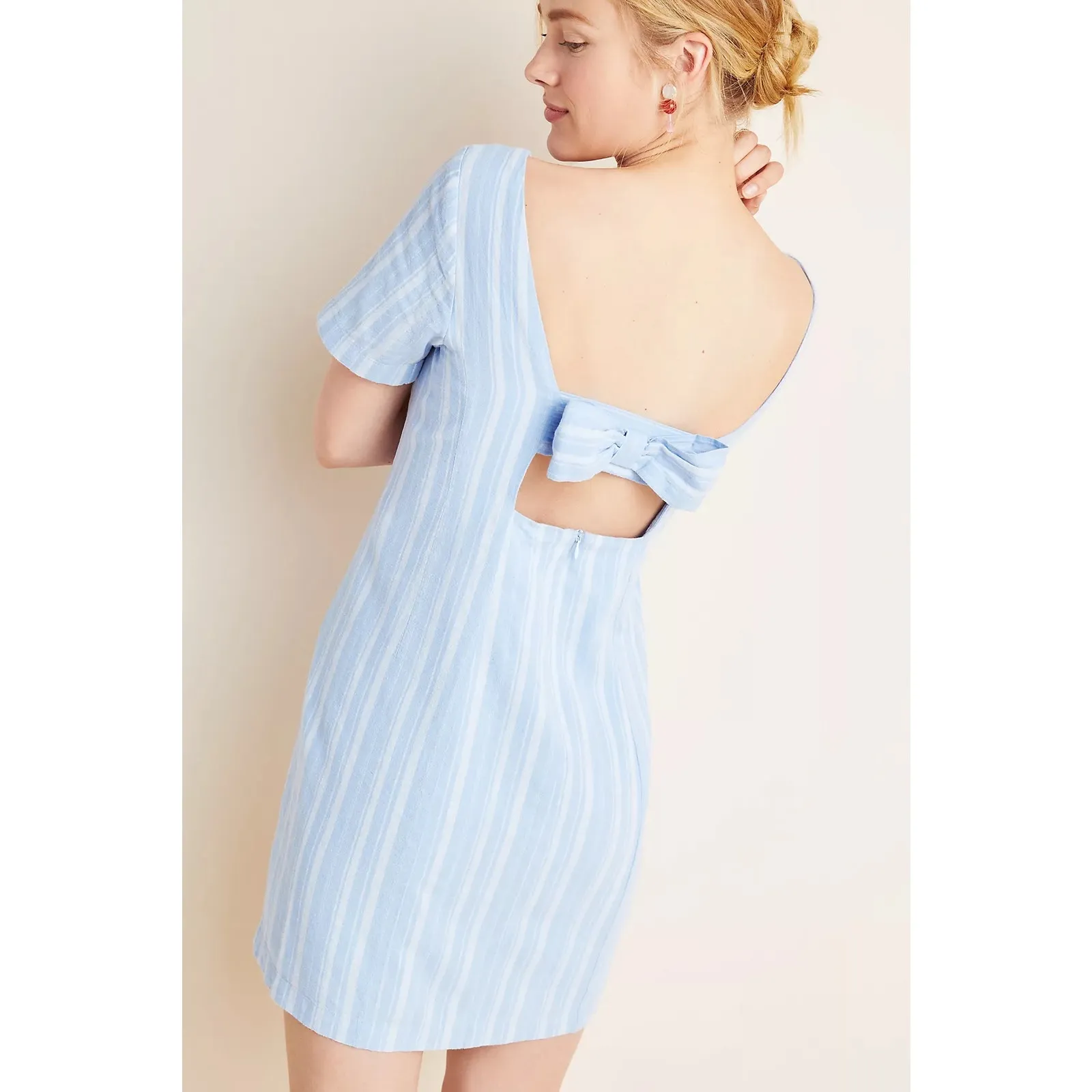 By Anthropologie Cape May Blue Stripe Boat Neck Bow-Tie Back Linen Mini Dress - Image 7