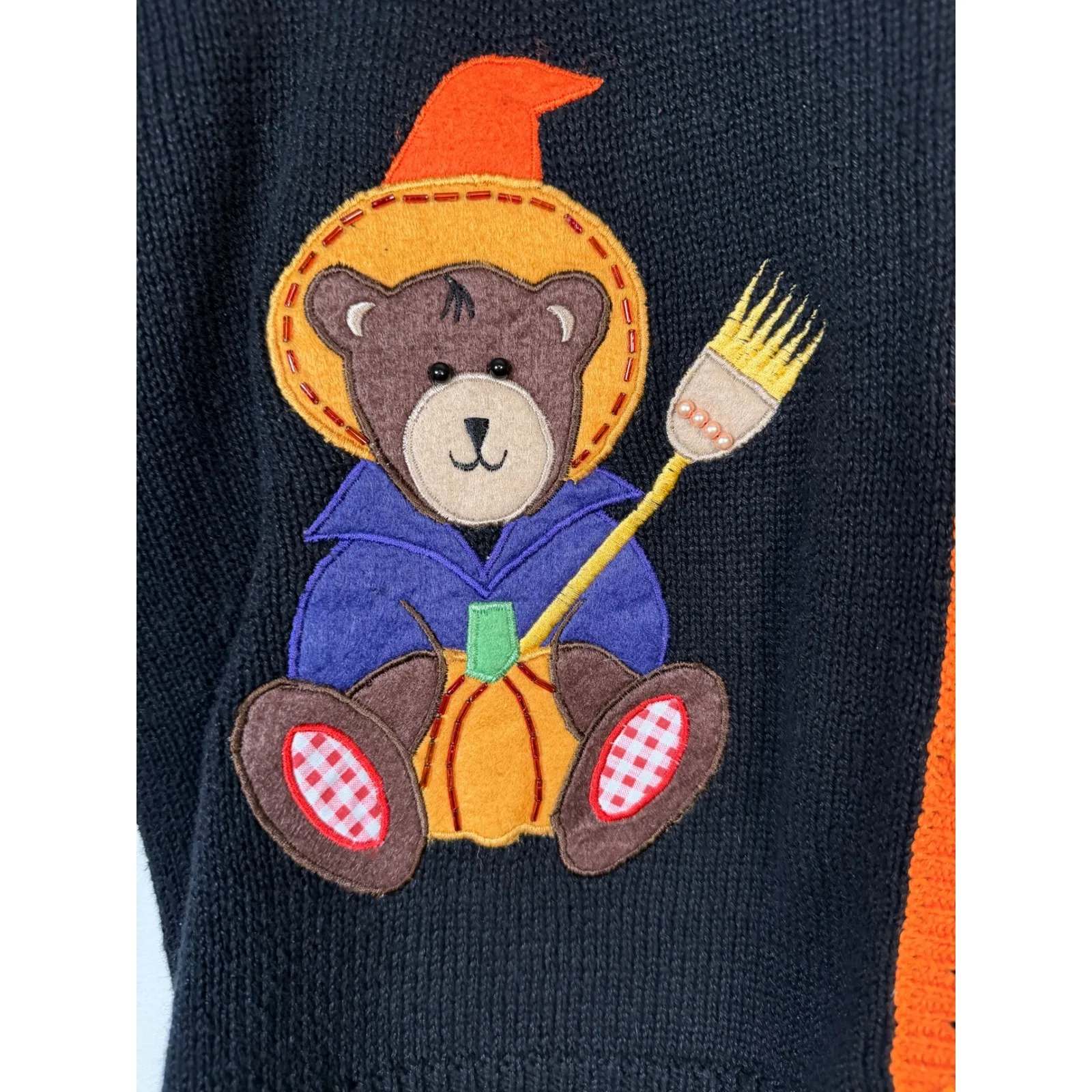 Vintage Halloween Bear Pumpkin Sweater‎ Vest Sz XL Orange Black "Happy Haunting" - Image 3