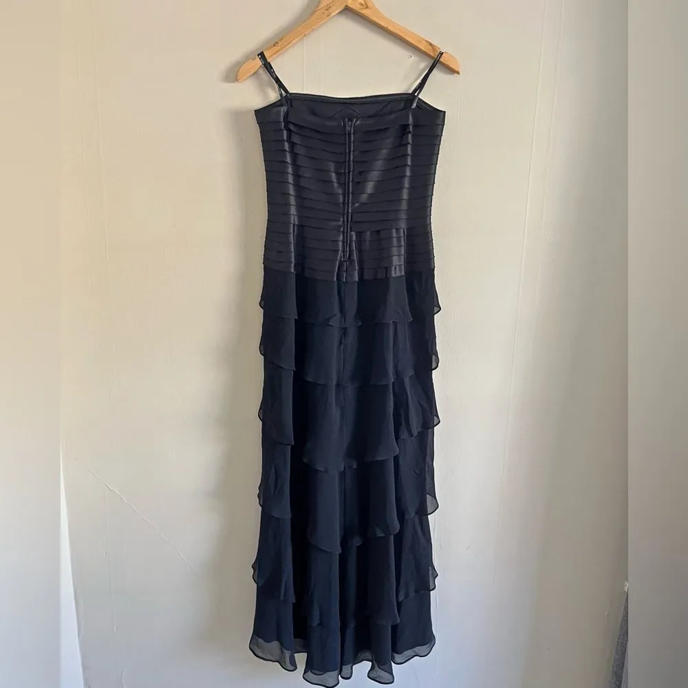 Vintage Tadashi Shoji Tiered Satin Chiffon Gown Black Strapless Dress 90s - Image 10