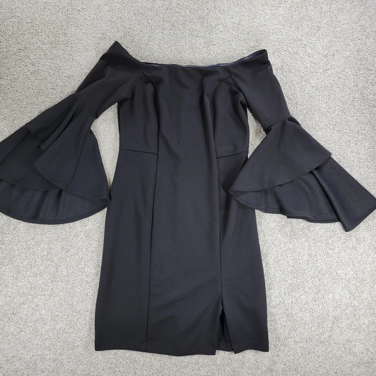 VTG‎ Bailey Blue Sheath Dress Womens M Black Trumpet Bell Sleeve Side Slit y2k - Image 4