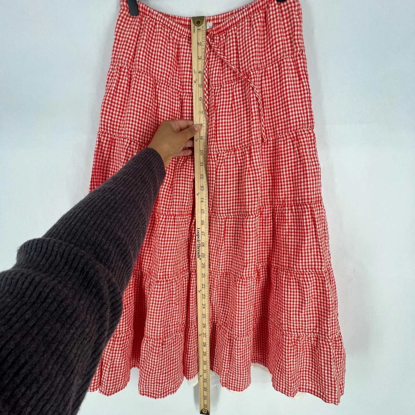 Wilfred Aritzia A Line Midi Skirt Womens Small Red Linen Pleated Gingham Picnic - Image 13