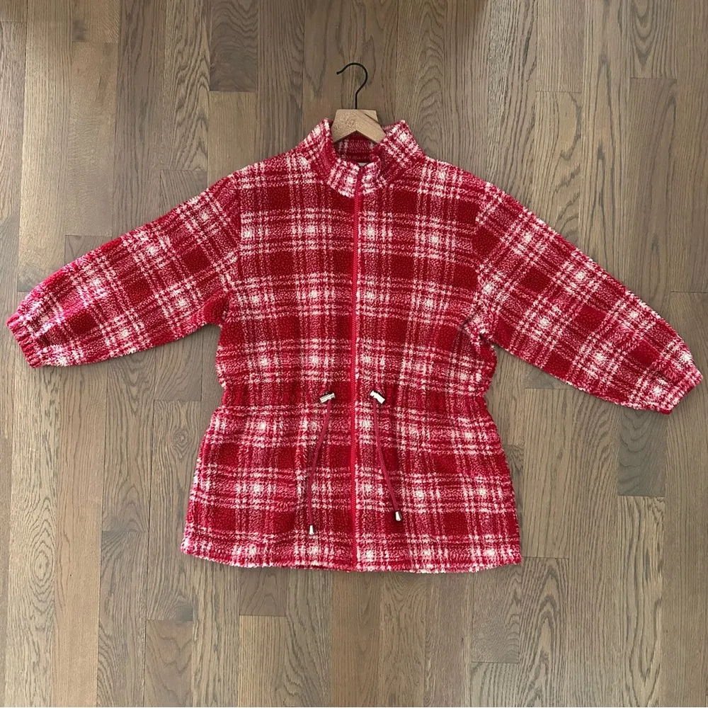 Anthropologie Vintage Collared Fleece Drawstring Waist Jacket Red White Plaid M - Image 3