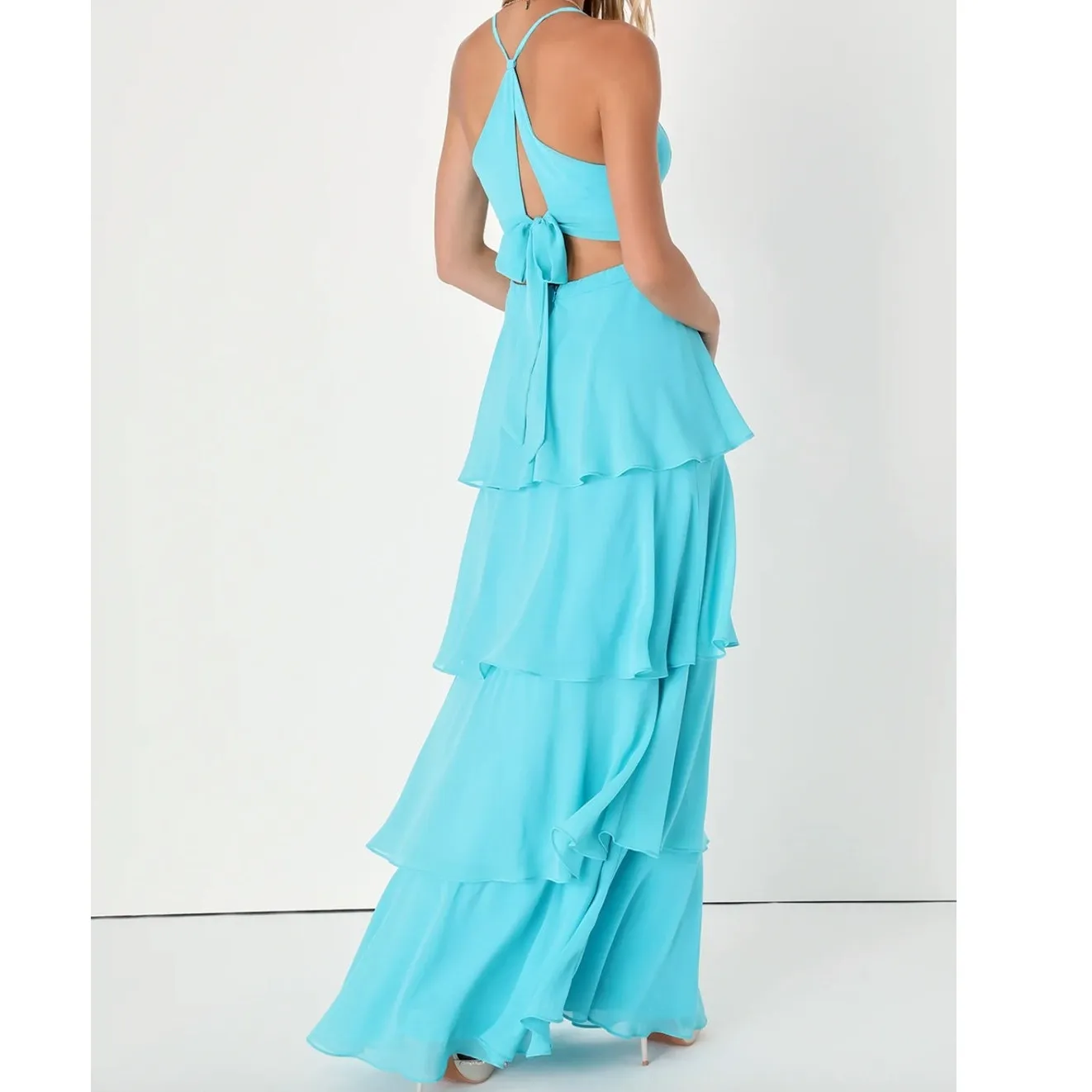 Lulus NWOT Tier and Now Blue Sash Tie-Back Tiered Plunging Cut-Out Maxi Dress - Image 9