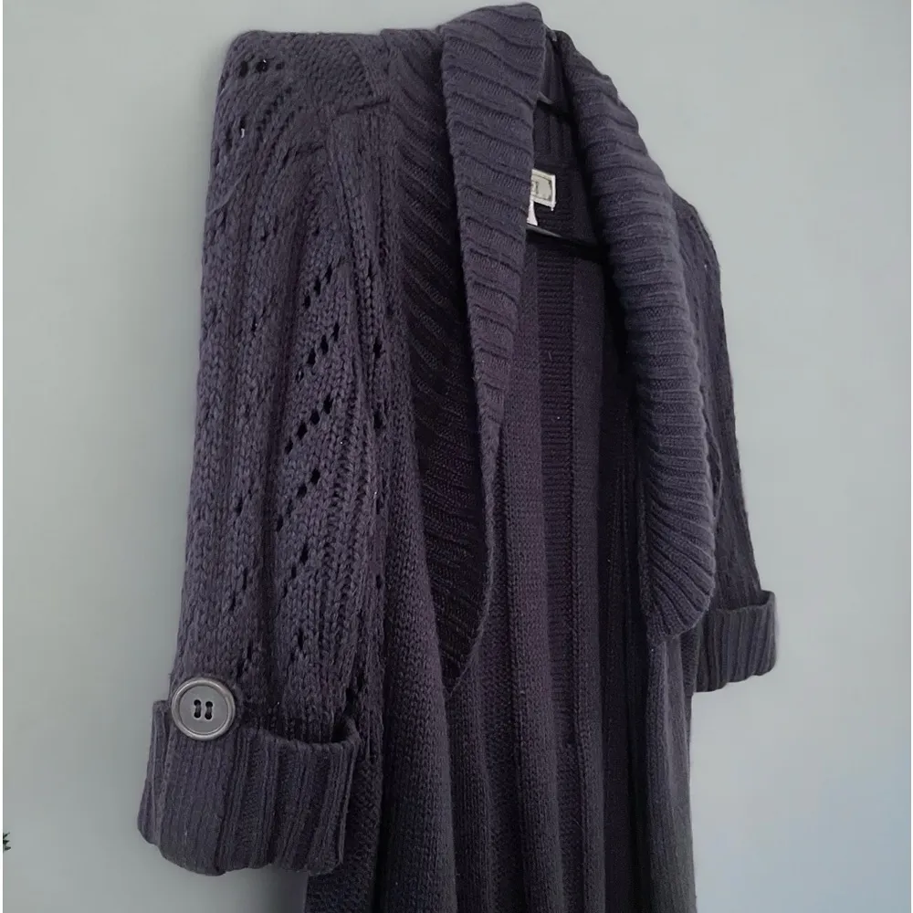 Navy 3/4 Sleeve Knit Cardigan Cowl Neck Sweater - Image 3