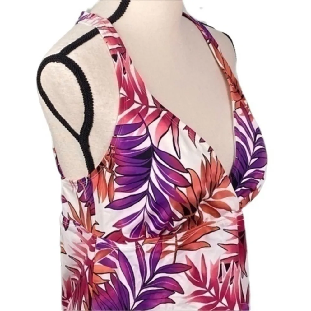 JANTZEN coral, purple and white deep “V” tankini top w/leaf design. Size 12. EUC - Image 4