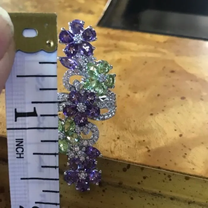 Natural Amethyst Peridot Sterling Silver Cocktail Ring Size 5.25 Purple - Image 6