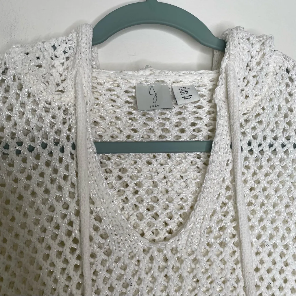 Joie Open Knit Crochet Hooded Sparkle Sweater in size M Ivory - Image 4