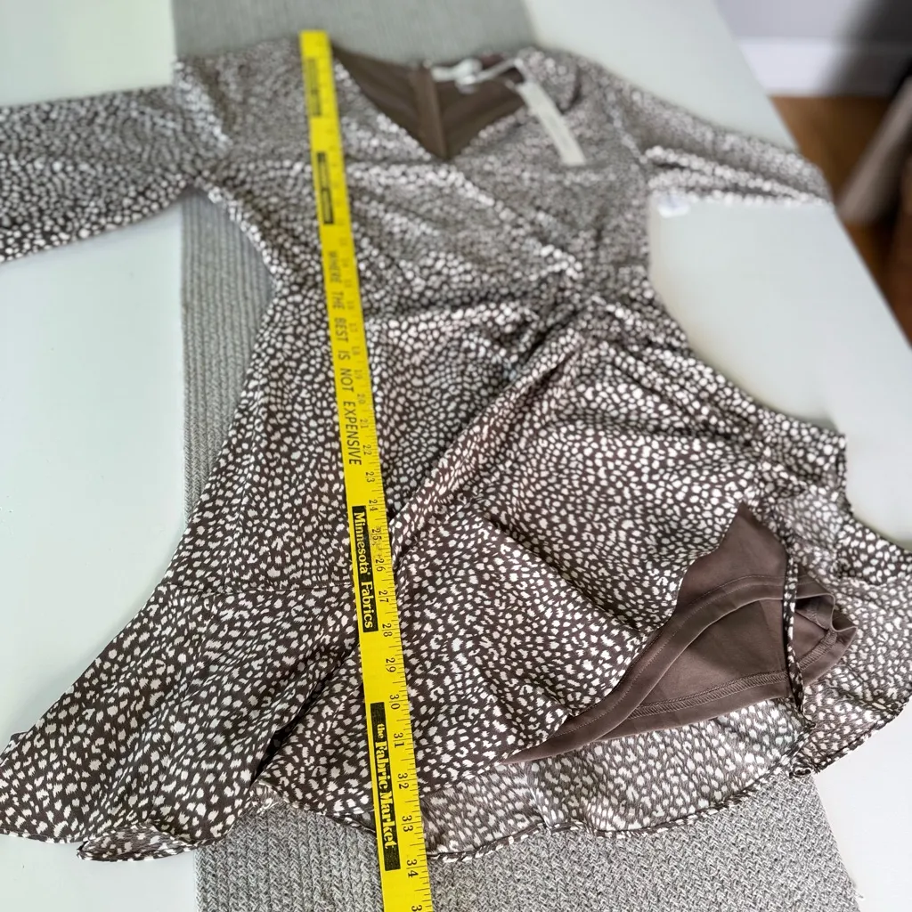 SHE + SKY Brown White Polka Dot Asymmetrical Faux Wrap Mini Dress Sz Small NWT - Image 5