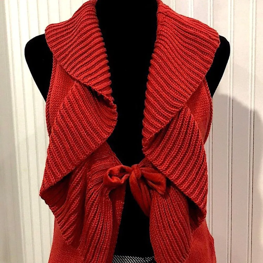 HANDKNIT Women’s Red Boho Chic Ruffle Knit Longline Vest Tie Front Sz SM - Image 2