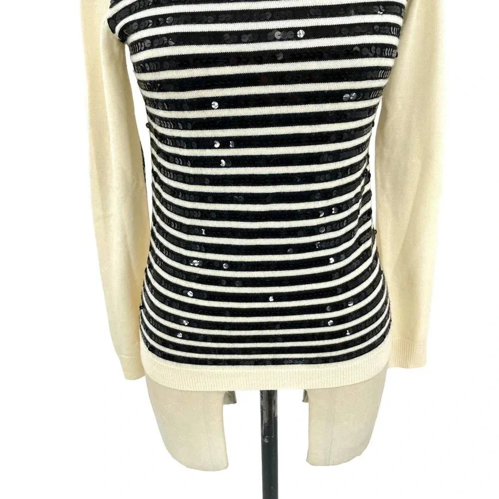 Gryphon New York Sequin Stripe Crewneck Sweater Ivory & Black Size XS‎ - Image 3