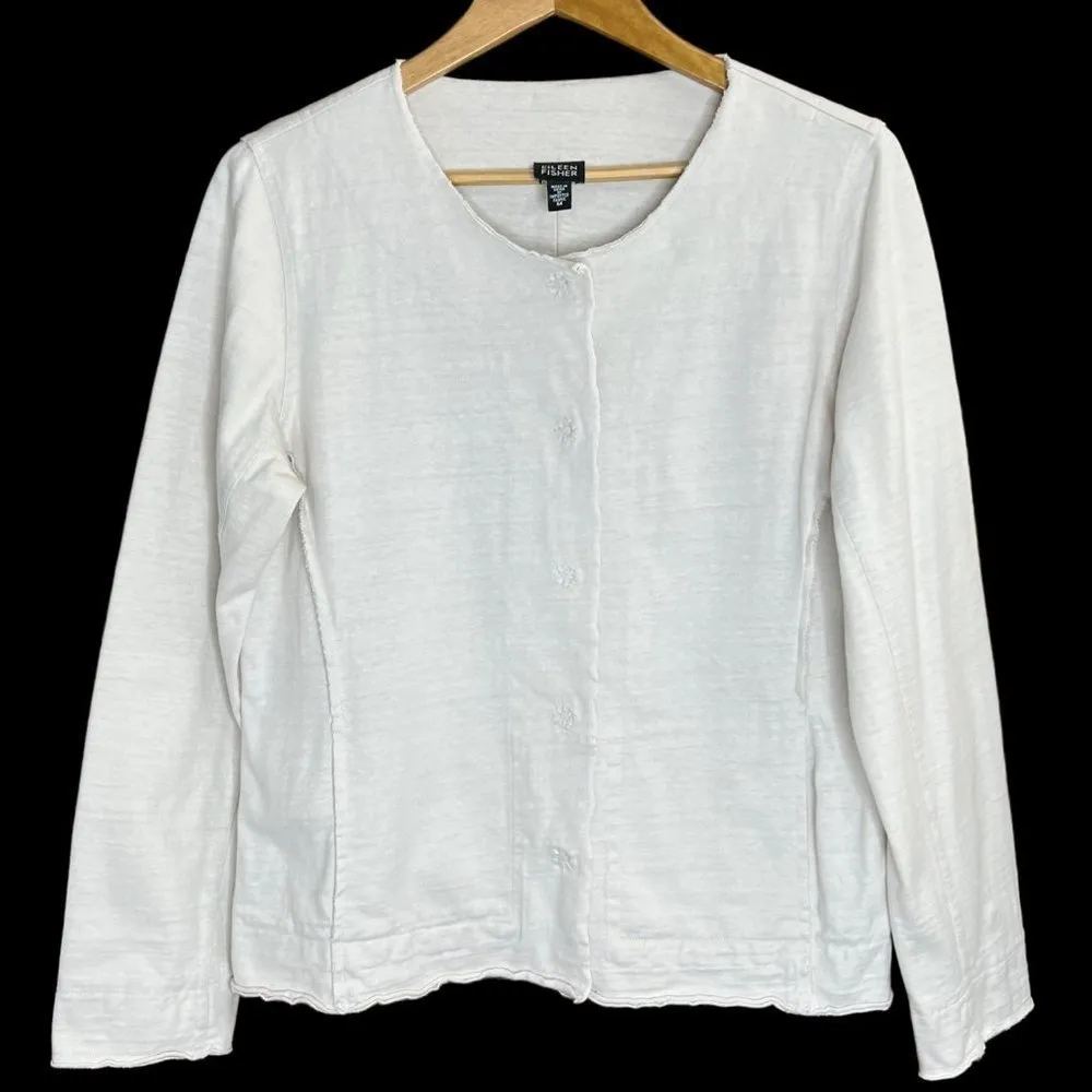 Eileen Fisher White Snap Up Colorless Jacket Cotton Size Medium - Image 3