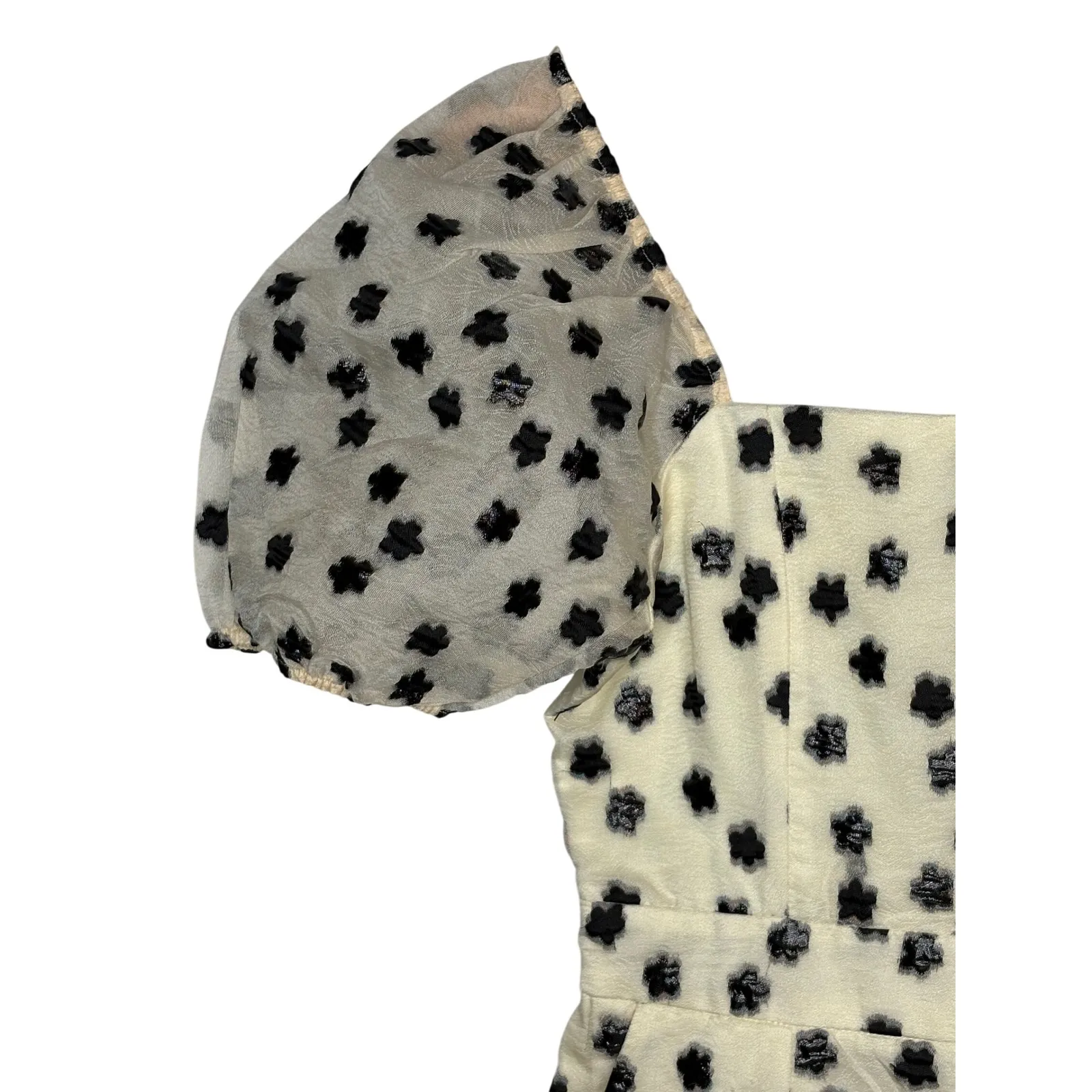 TCEC Cream Black Floral Puff Sleeve Romper 3D Flower Organza Coquette Size Small - Image 4