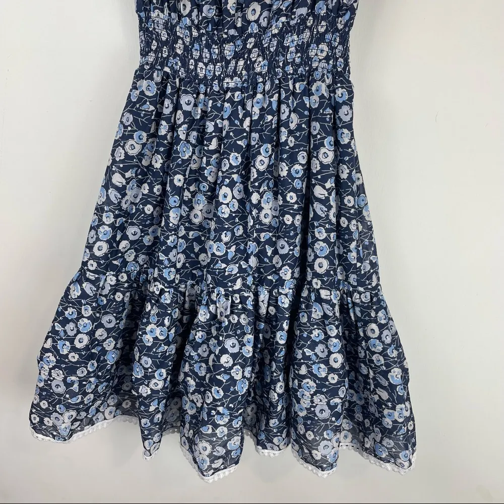 Eva Mendes Blue Floral Off Shoulder Smocked Waist Mini Dress Ruffle Hem Sz Small - Image 7