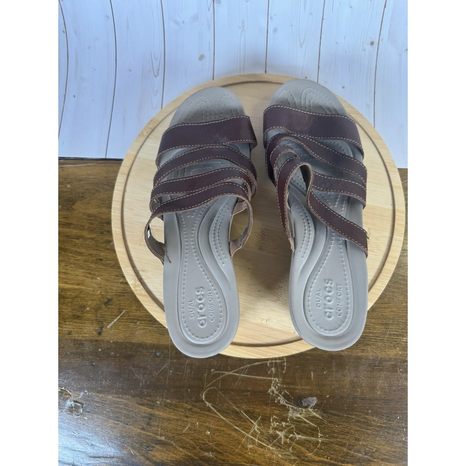 Crocs Leigh-Ann Leather Strap Mini Wedge  Women's  Size 9 Brown Comfort Sandals - Image 6