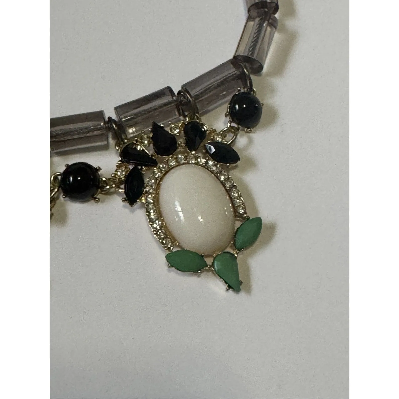 Statement Necklace Rhinestone Fashion Beads Green Black White 14 Inch Length - Image 3