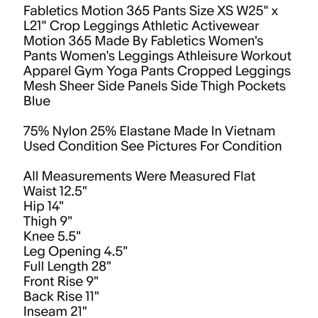 Fabletics Motion 365 Pants Size XS W25" x L21" Crop Leggings Athletic Activewear - Image 2