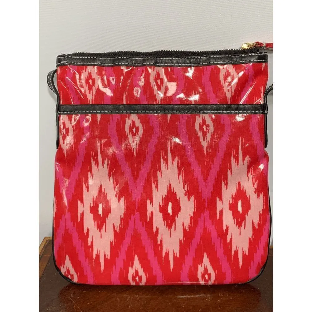 Maude Asbury Crossbody Purse Bag Laminated Fabric Ikat Print Red Pink Black - Image 10