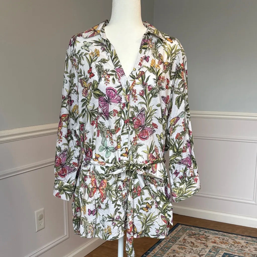 Lane Bryant Belted Button-Down Tunic Bright Butterfly Floral 100% Cotton Sz 22 - Image 4